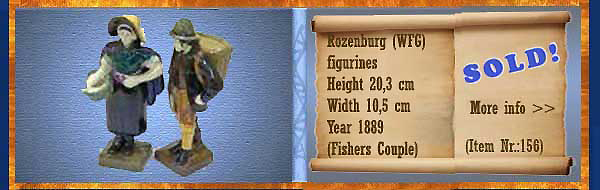 Nr.: 156, On offer decorative pottery of Rozenburg,  Description: (WFG merk) Plateel figurines , Height 20,3 cm Width 10,5 cm, Period: Year 1889, Decorator : (fisher couple), 